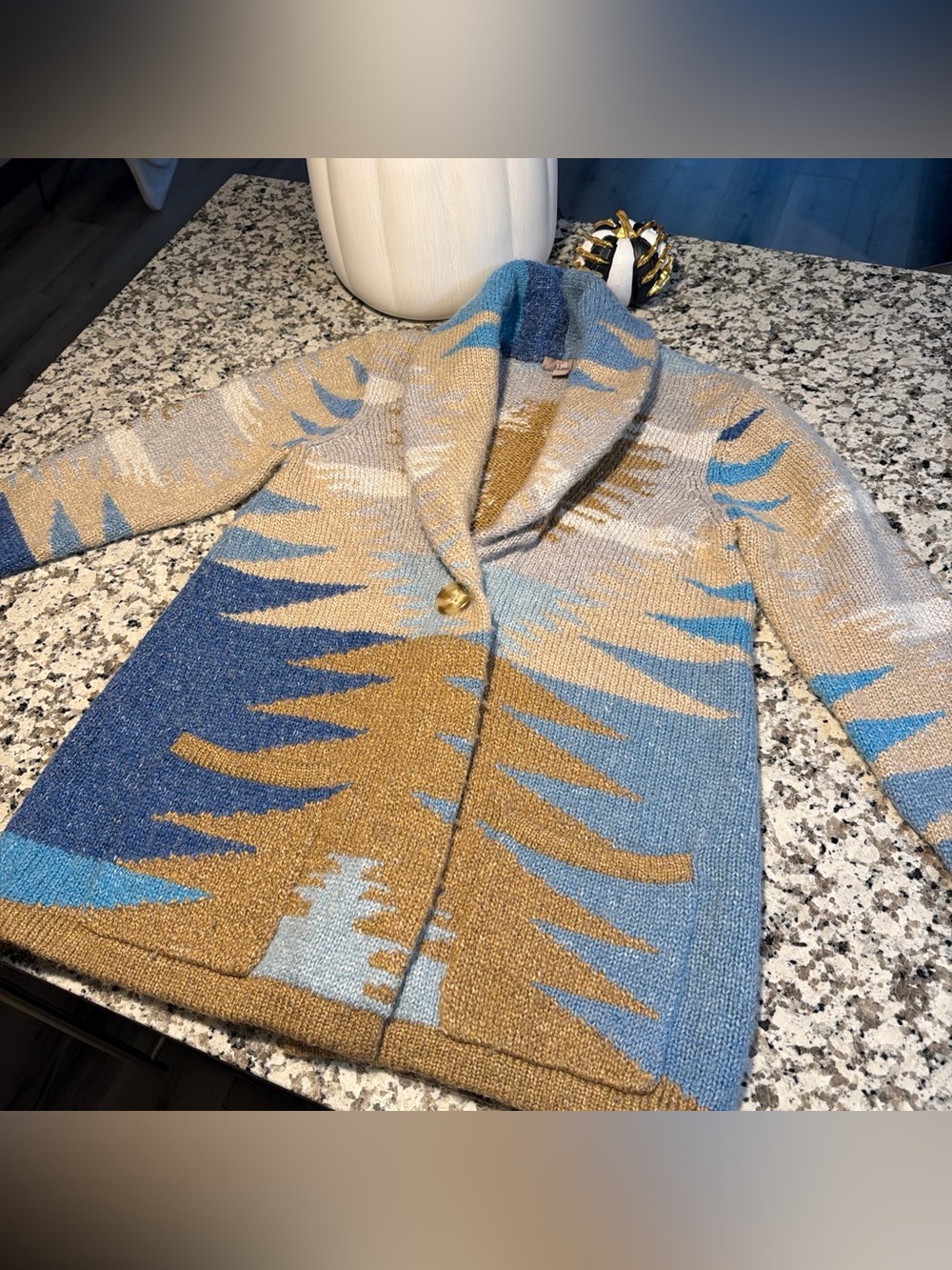 J Jill Shawl Collar Patterned Knit Sweater Cardigan - Blue, Tan, Cream